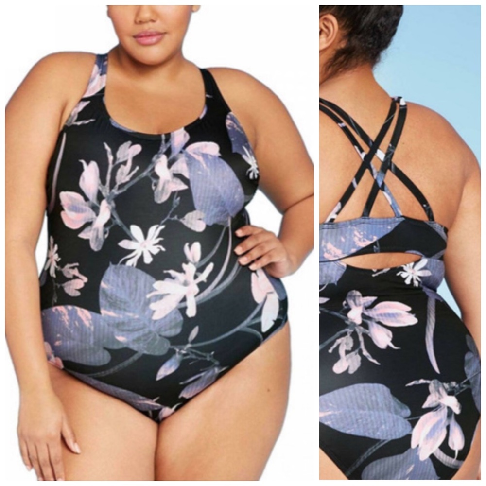 14W 20W 24W All in Motion Black & Purple Floral One Piece Swimsuit Plus Size